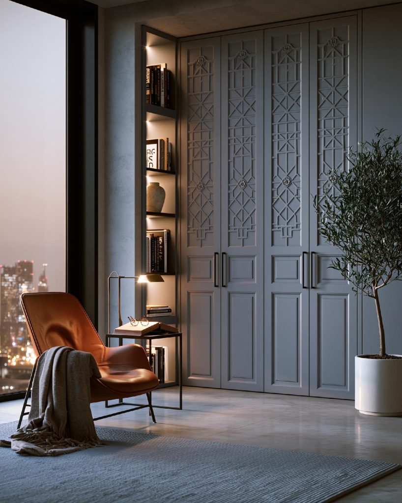 Carved pattern swing wardrobe design, blue-grey finish