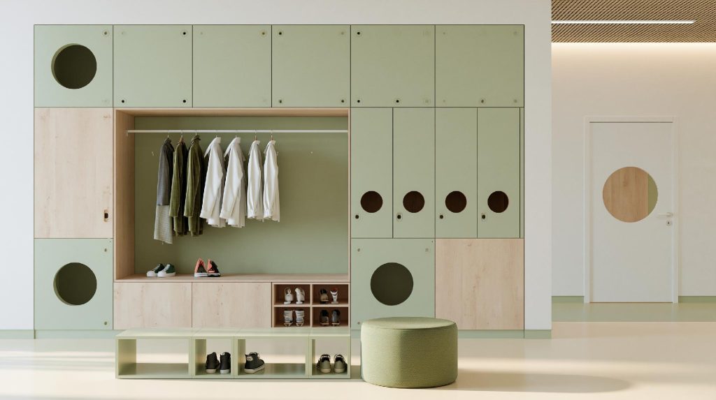  Sage green swing wardrobe design, open storage