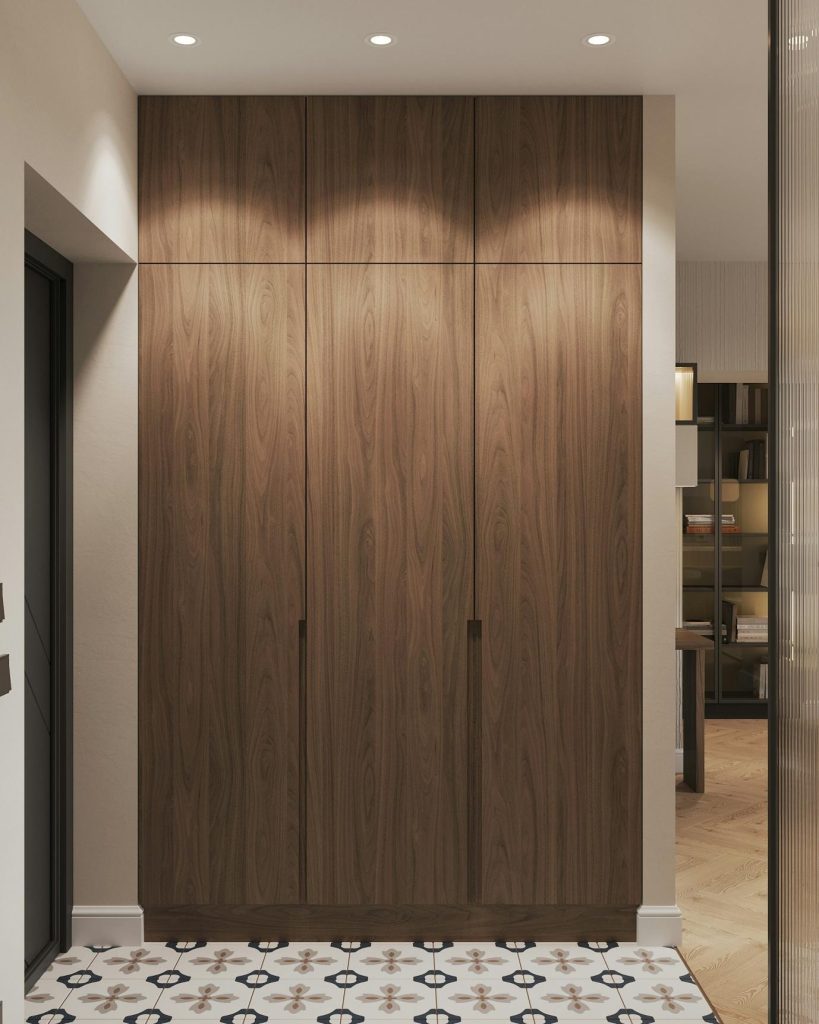 Walnut wood swing wardrobe design, closed shutters