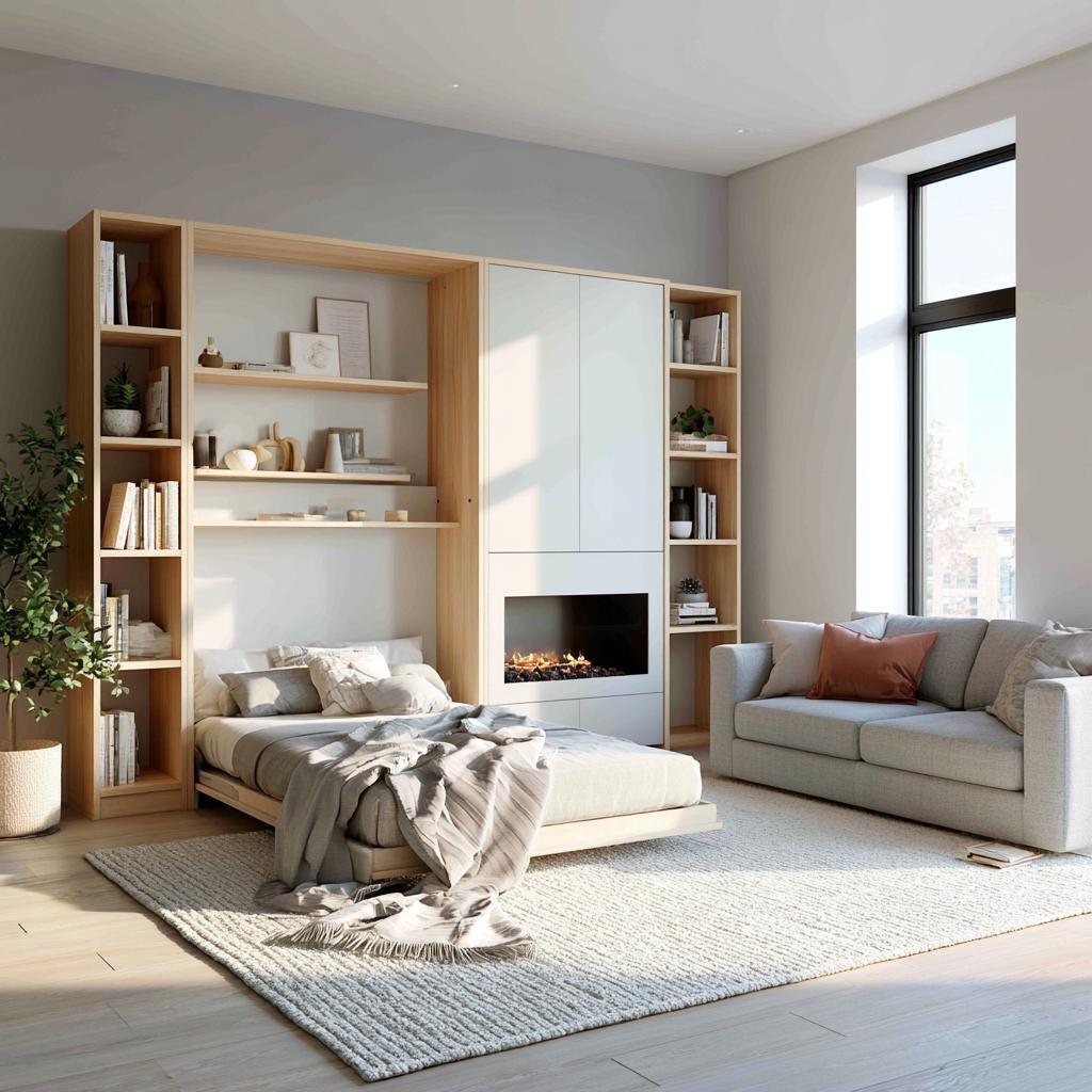 Wall bed design closed, fireplace and shelf unit