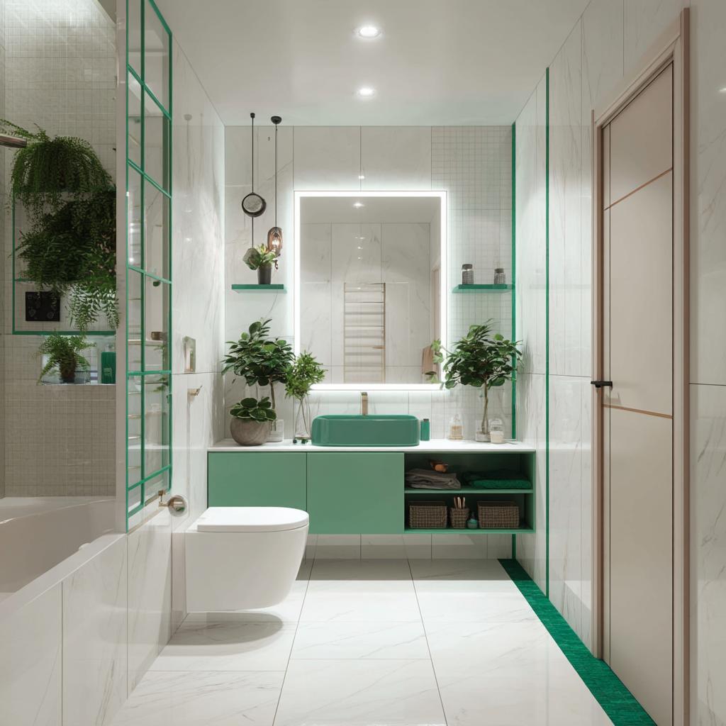  Small L-shaped bathroom floating vanity white green design