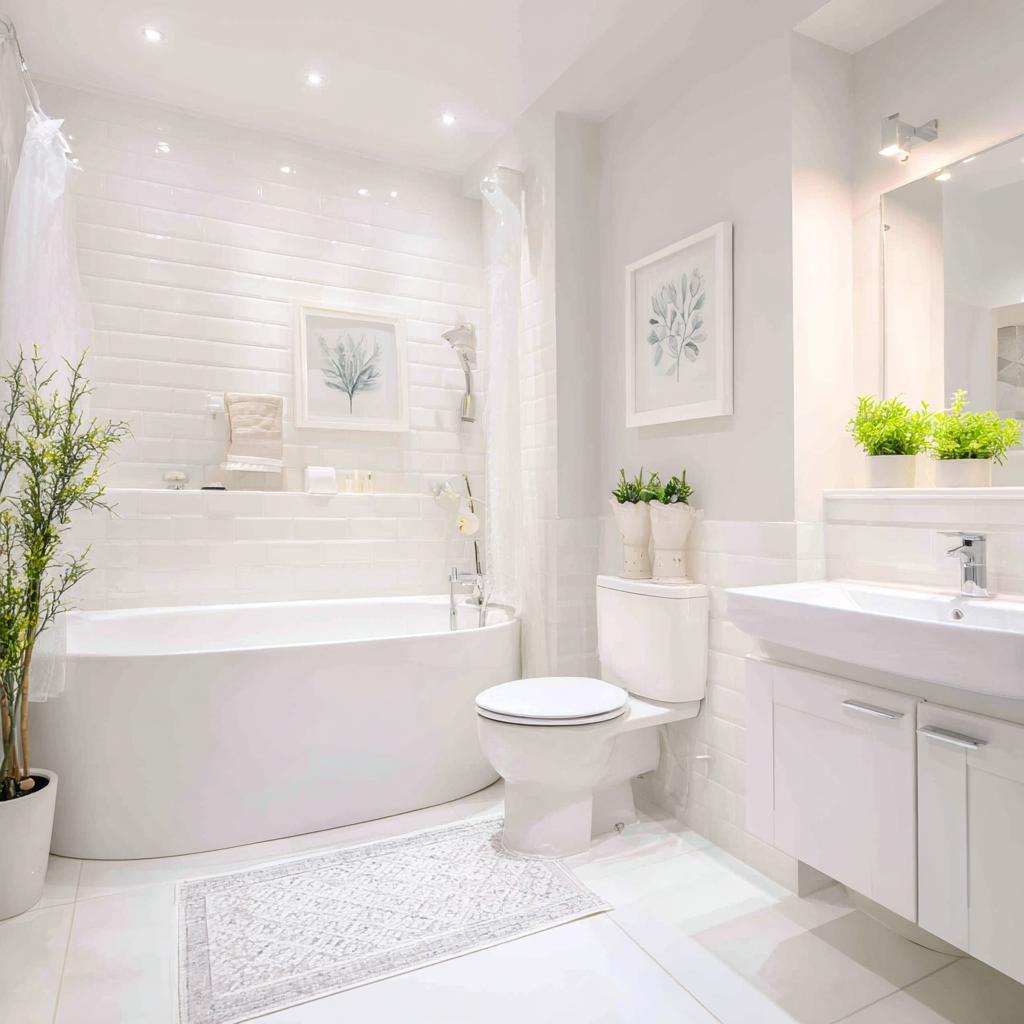  Small L-shaped bathroom white bathtub compact layout