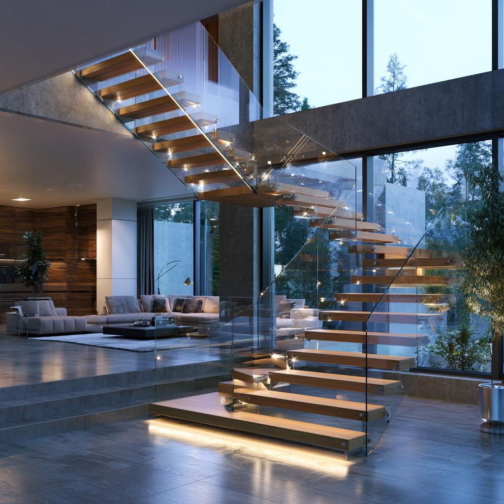  Staircase glass window design floating wood India