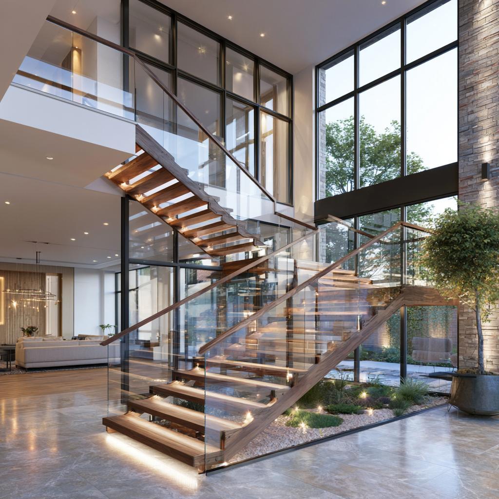  Staircase window design glass railing lit steps India