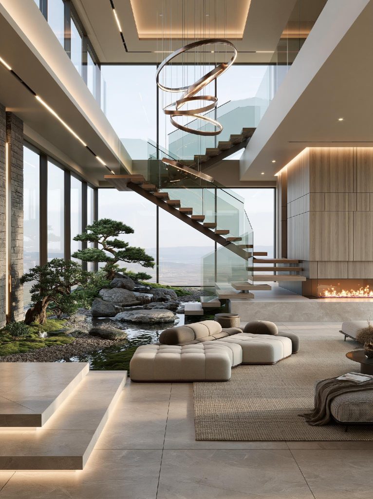 Glass balustrade staircase design duplex home India