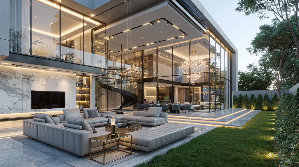Toughened glass design modern home exterior India