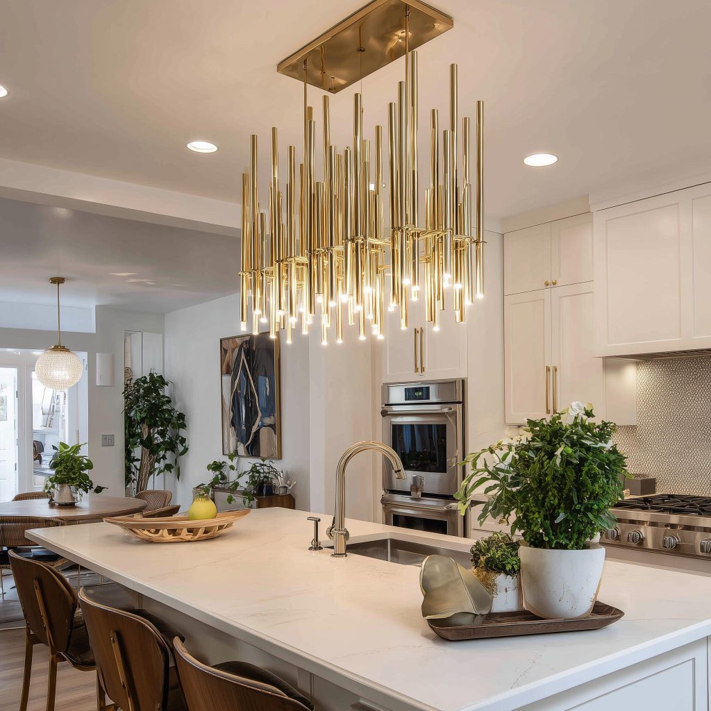 Luxury kitchen island lighting, gold sculptural chandelier