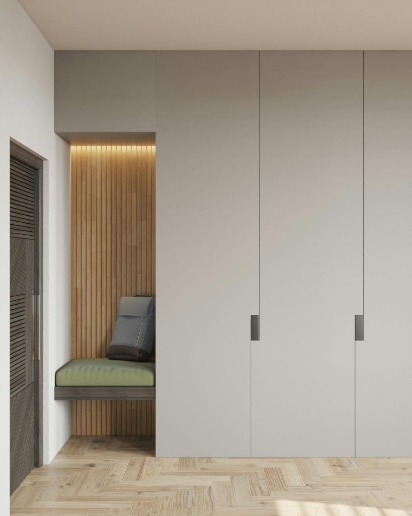 Grey textured swing wardrobe design with wood nook