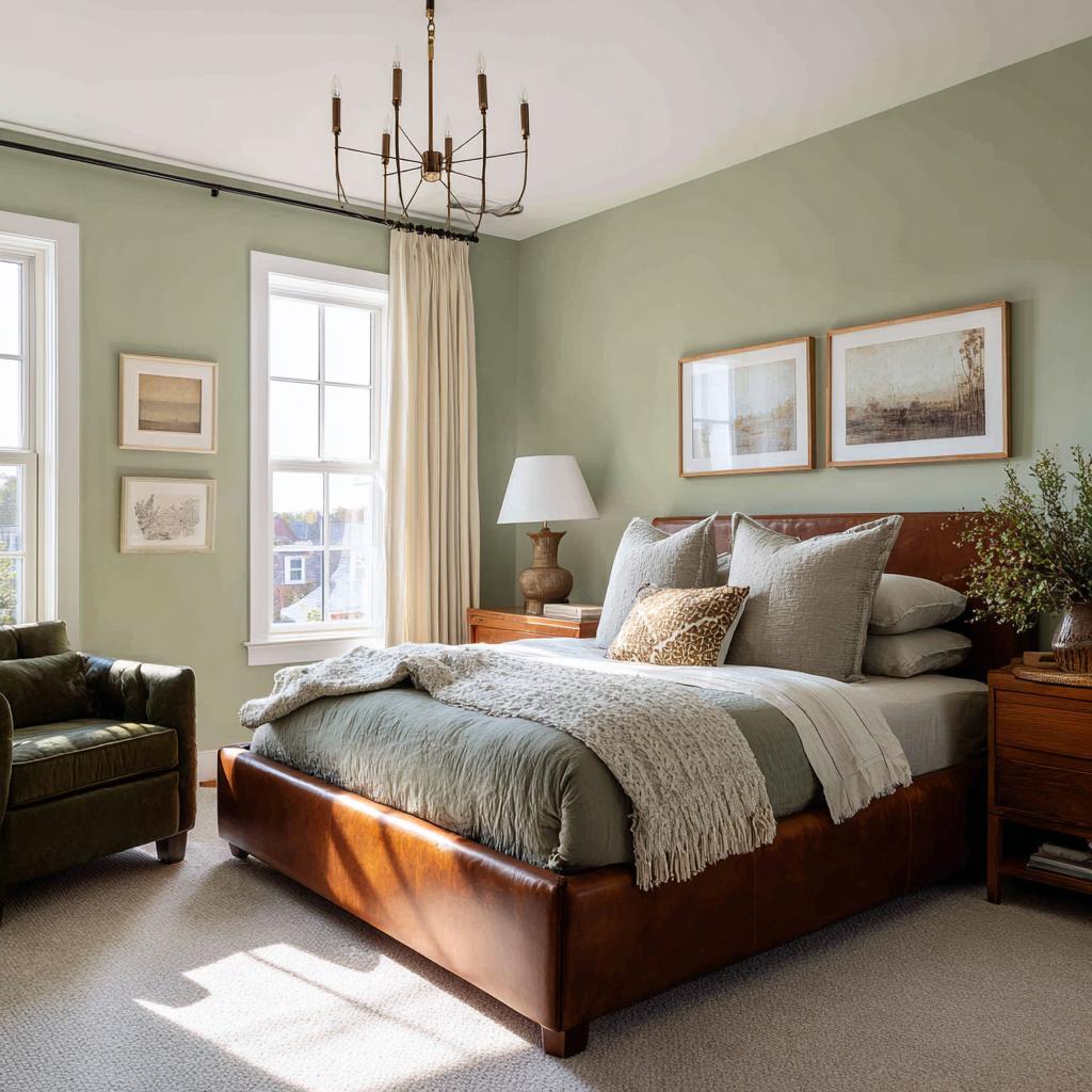 Sage green bedroom colour combination with wood bed