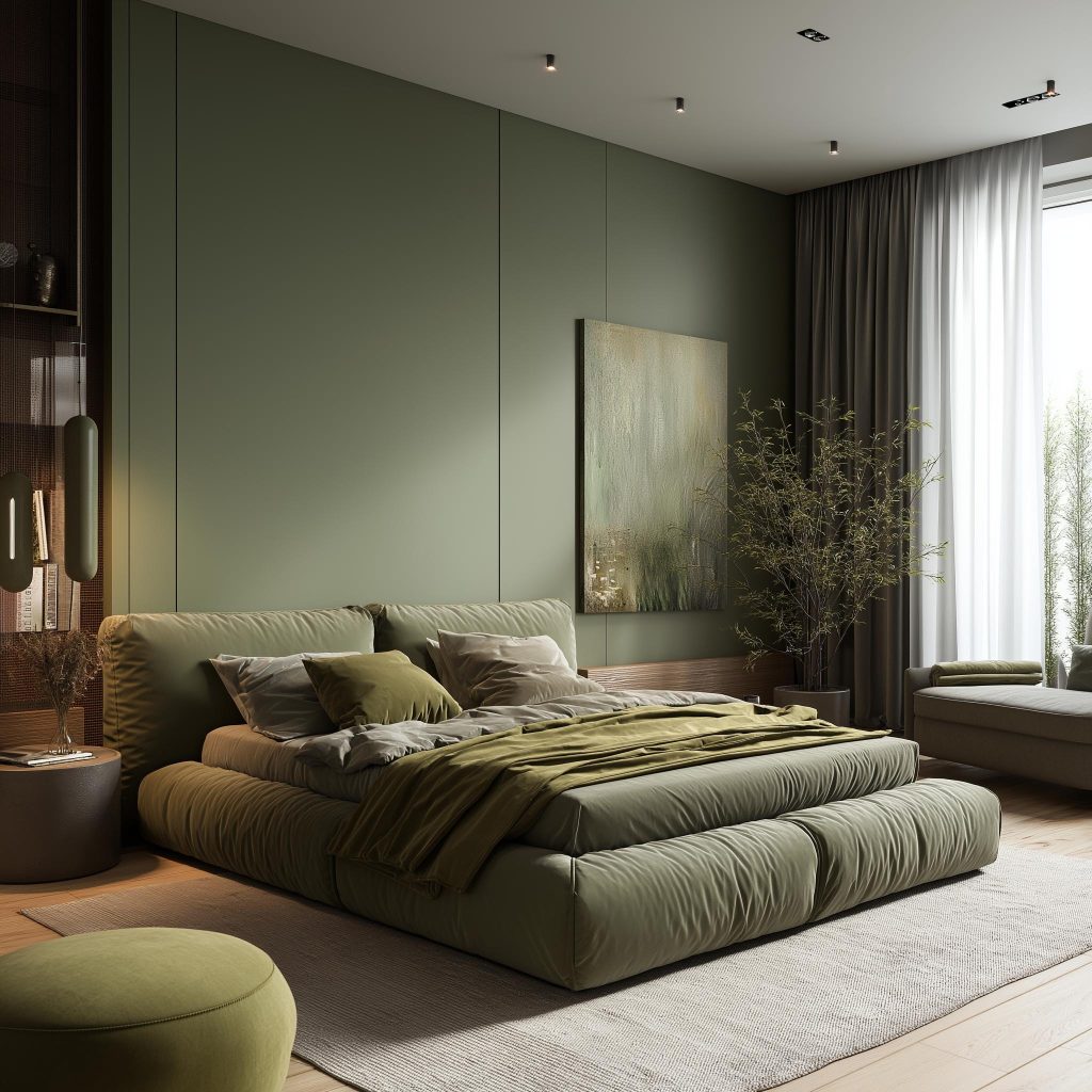 Dark olive sage green bedroom ideas, moody tone