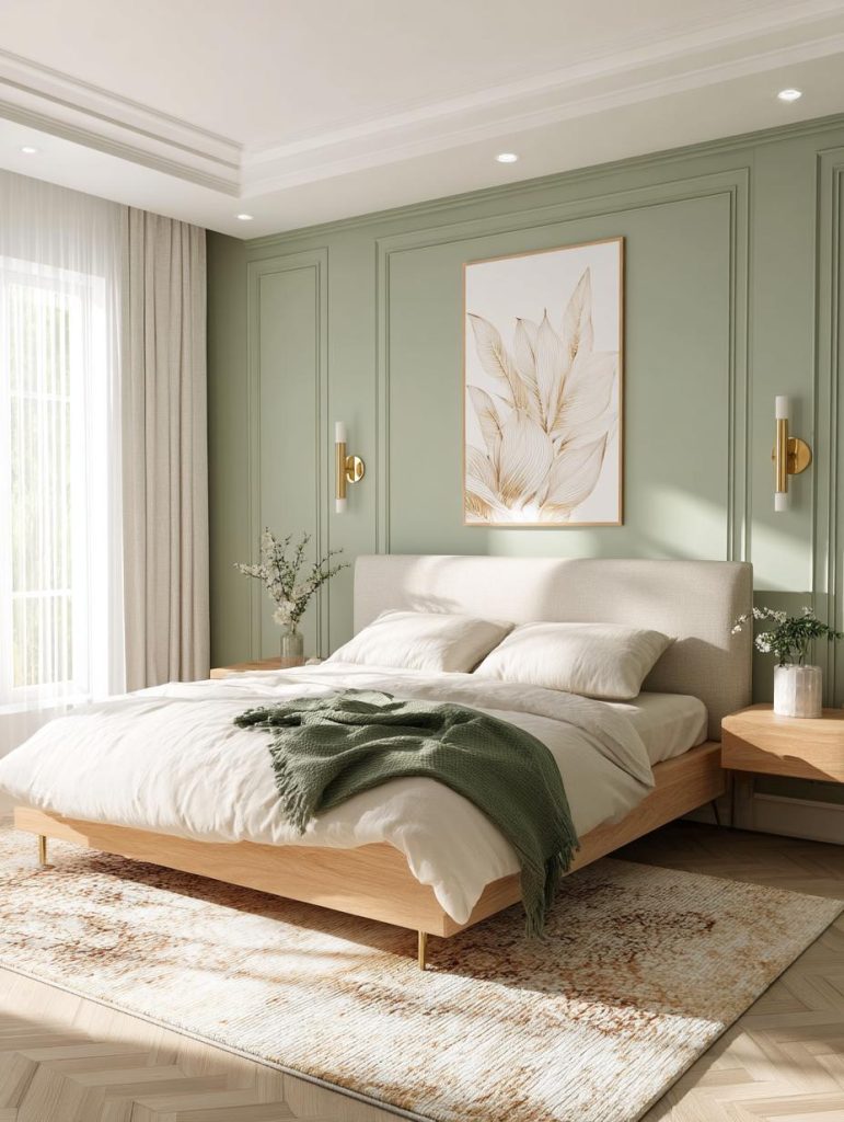 Sage green bedroom ideas, panelled wall, beige bed