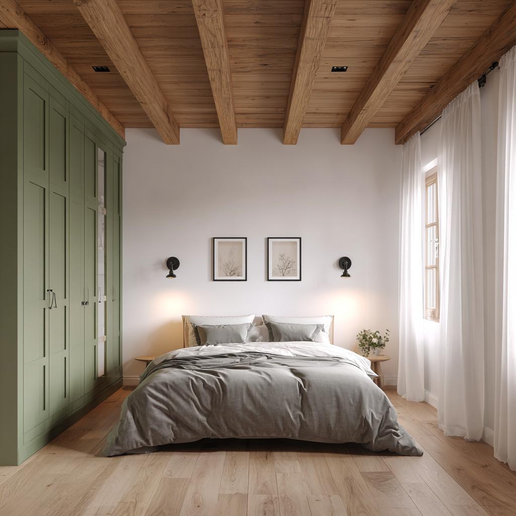 Sage green bedroom ideas, wardrobe with white walls