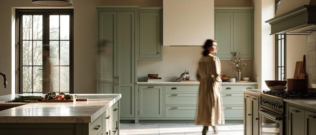 Sage green kitchen furniture colour Indian home