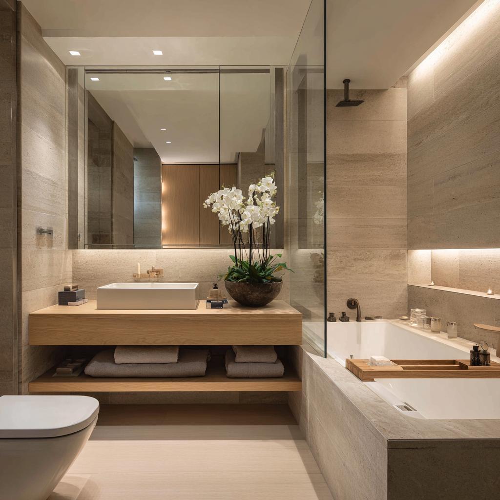 L-shaped master bathroom wood vanity bathtub layout