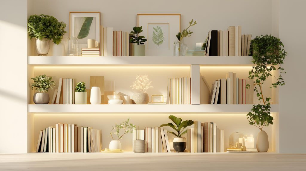 Modern built-in living room shelves with LED lighting