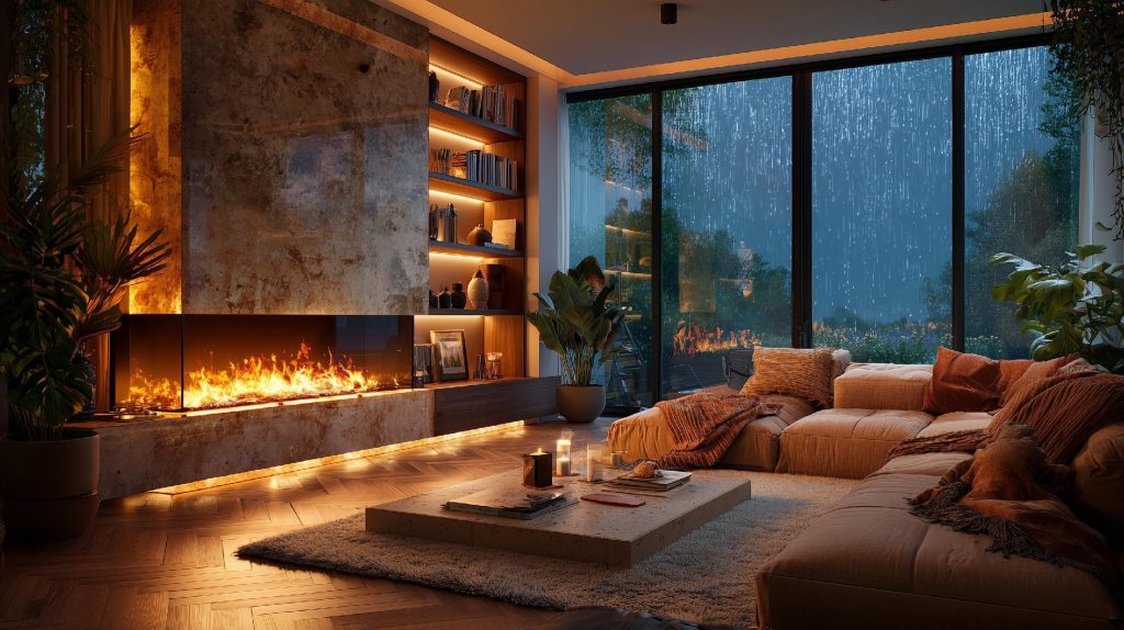 Modern linear fireplace living room sectional sofa layout