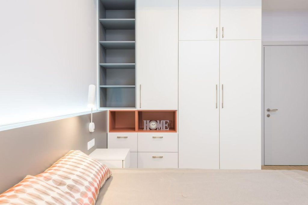 Modern swing wardrobe design, white with accent shelf