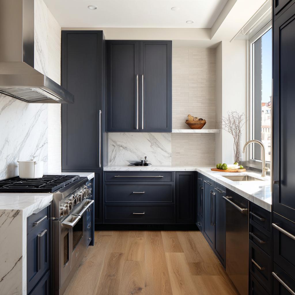 Navy blue kitchen shutter design with marble finish