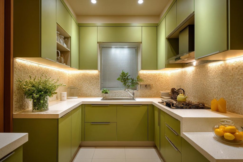 Olive green kitchen shutter design, U-shaped layout