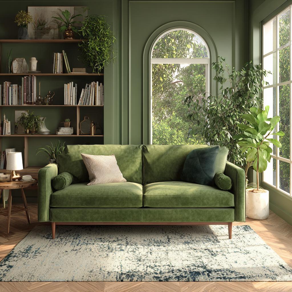  Olive green sofa living room velvet bookshelf decor
