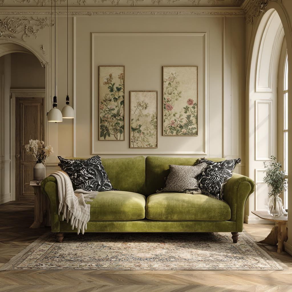 Olive green sofa neutral walls classic living room