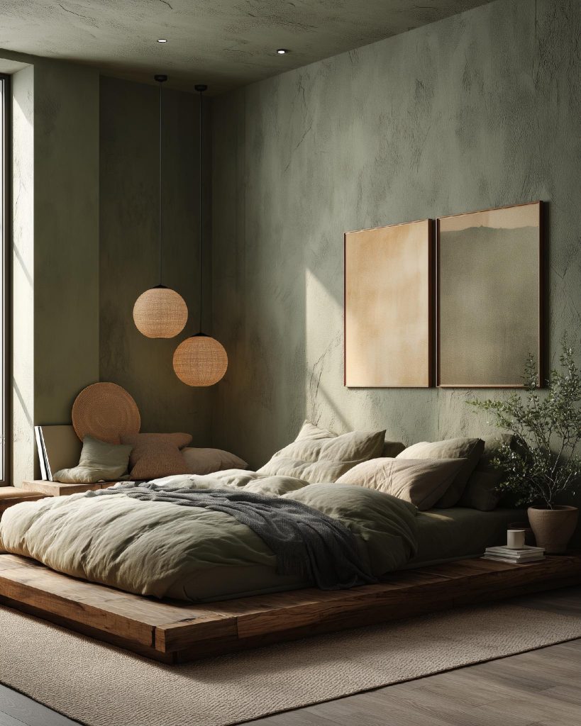  Rustic sage green bedroom ideas, rattan pendant decor