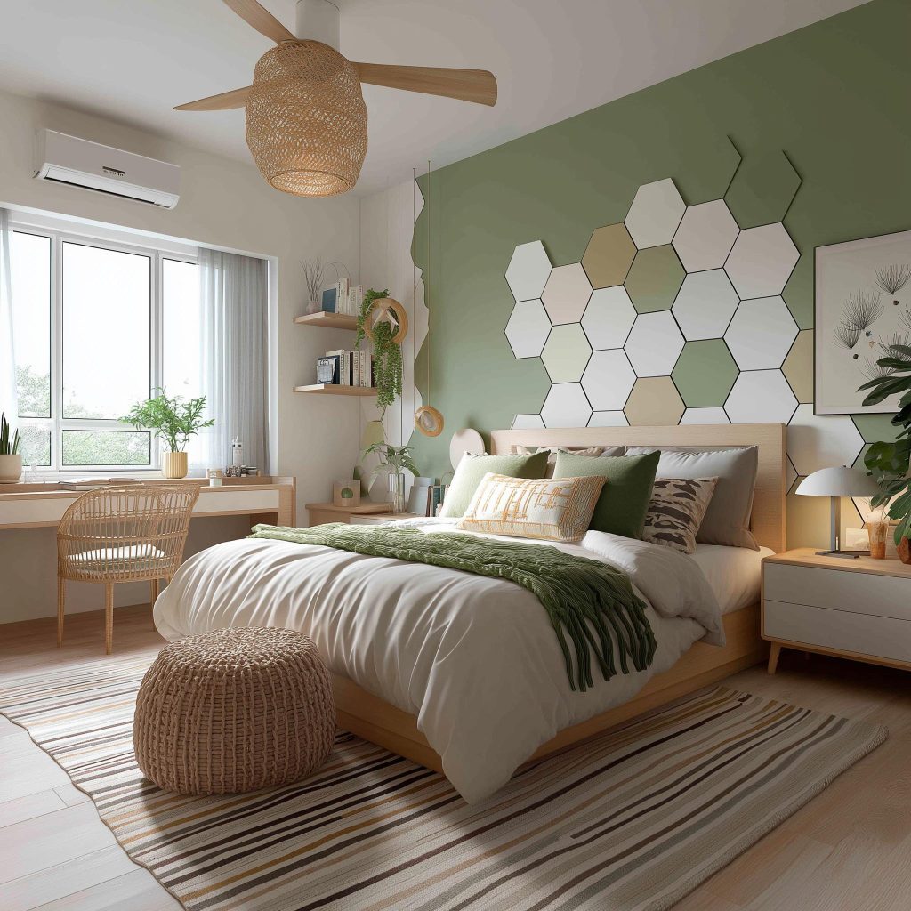 Sage green bedroom ideas, hexagon pattern accent wall