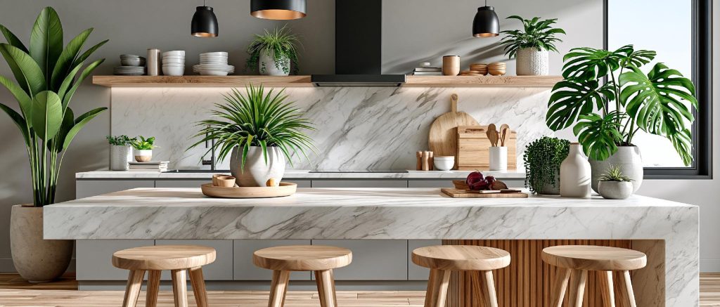 White kitchen backsplash tile with marble island