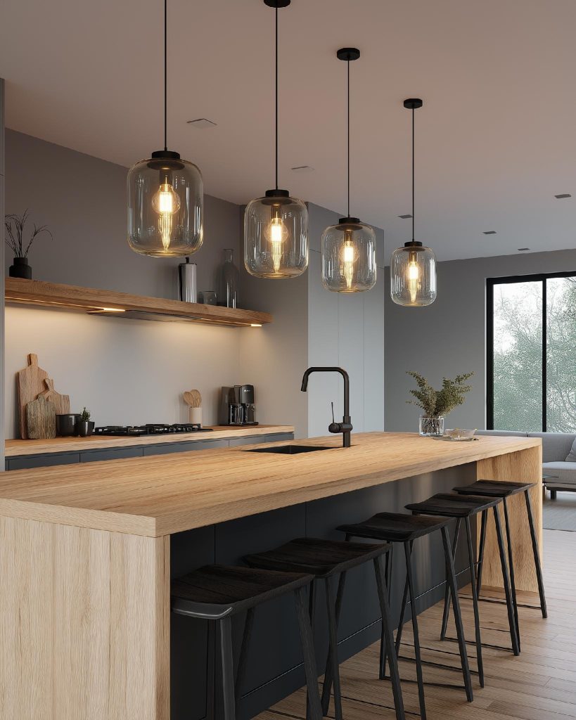 Glass jar pendant kitchen island lighting, grey kitchen