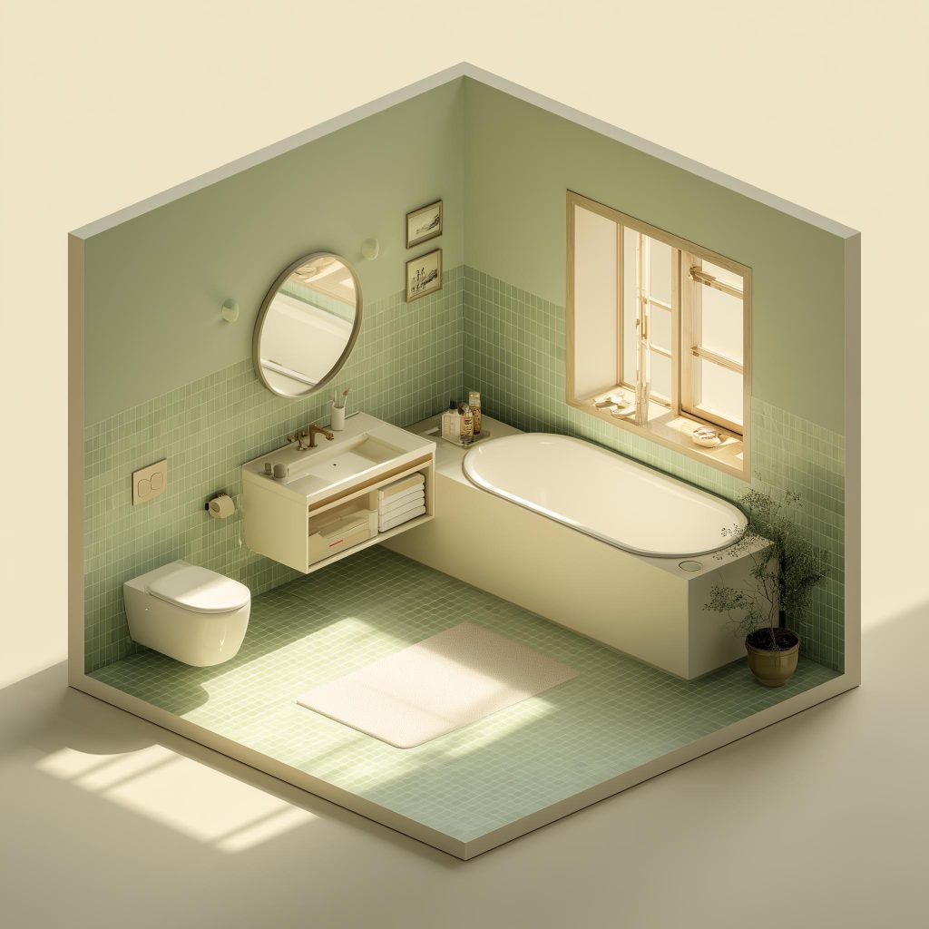 L-shaped bathroom layout isometric green tile design