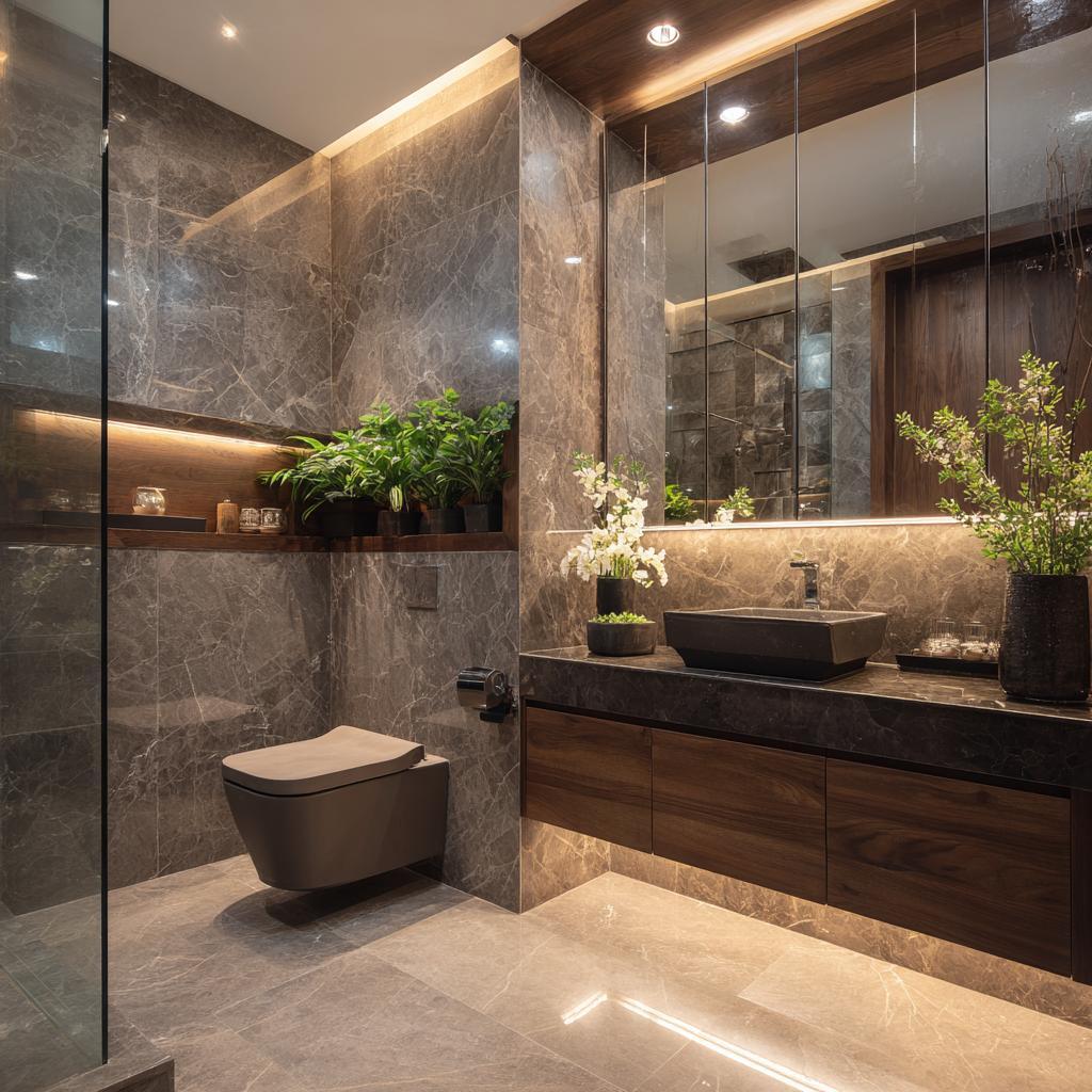  L-shaped bathroom layout dark marble luxury design