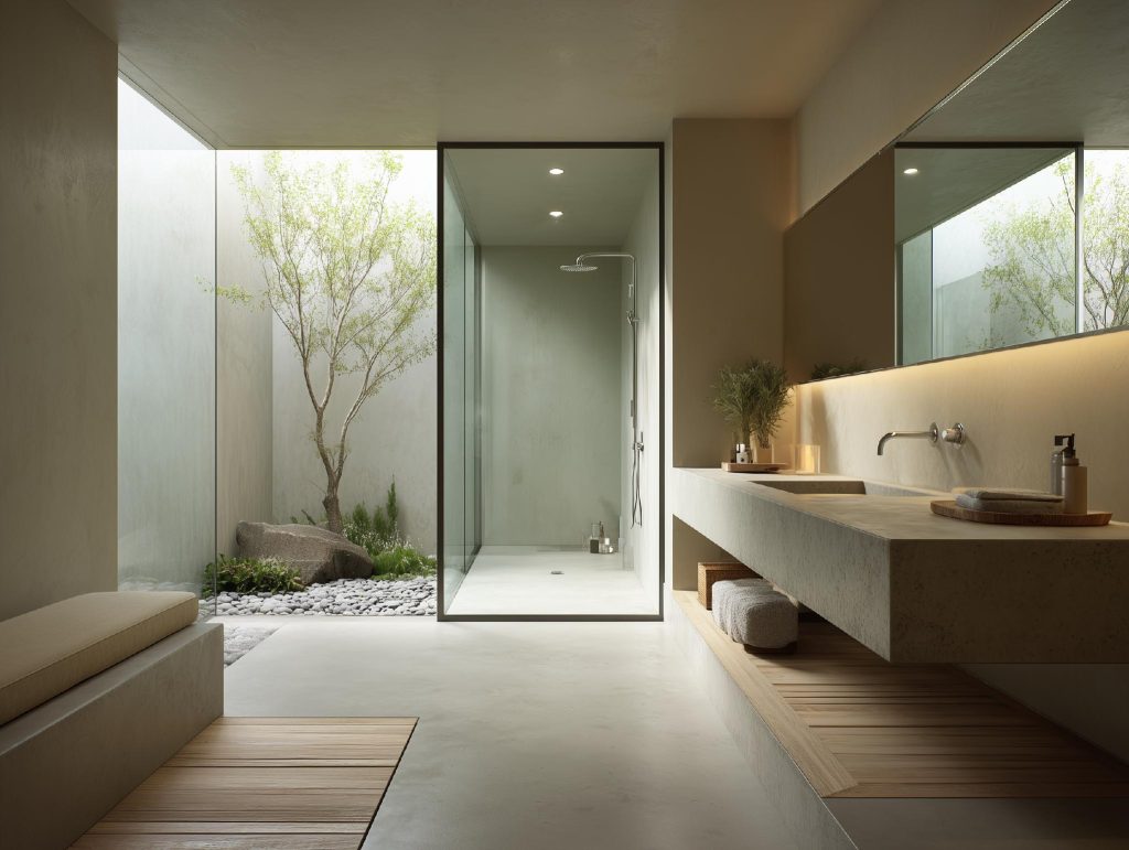  L-shaped master bathroom zen shower zone minimalist design