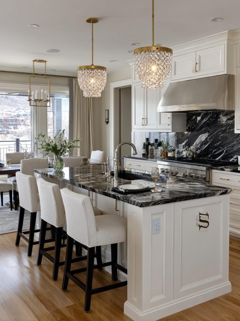 Crystal chandelier luxury kitchen island lighting, white kitchen