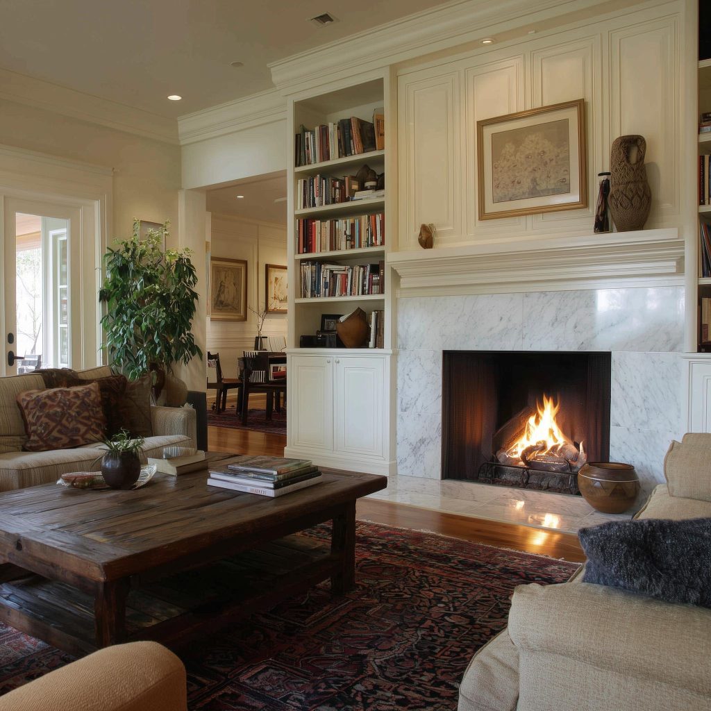  Marble fireplace built-in shelves living room layout