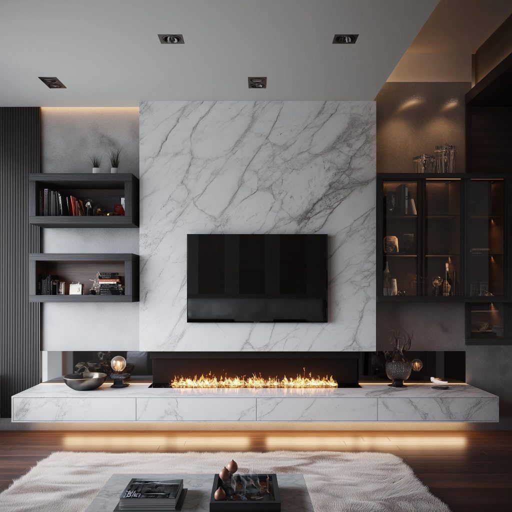  Wall-mounted fireplace marble TV unit modern living room