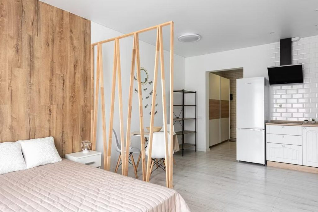 Minimal wooden partition design studio apartment
