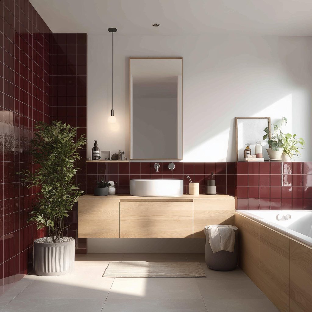 Modern L-shaped bathroom burgundy tile wood vanity
