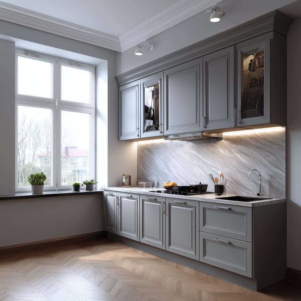 Grey shaker kitchen shutter design, L-shaped layout