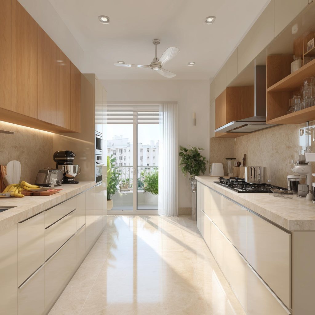 Handle-less wood kitchen shutter design, galley layout