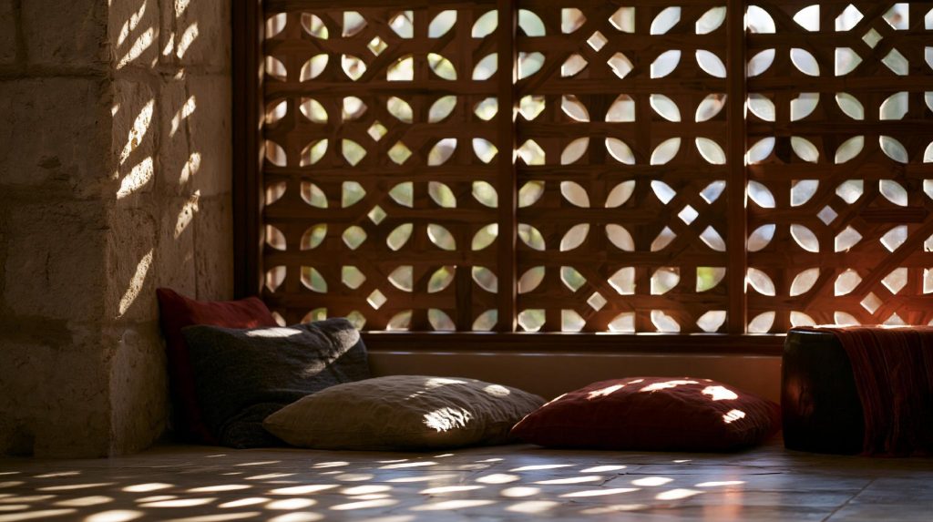 Jaali wooden partition design with patterned light