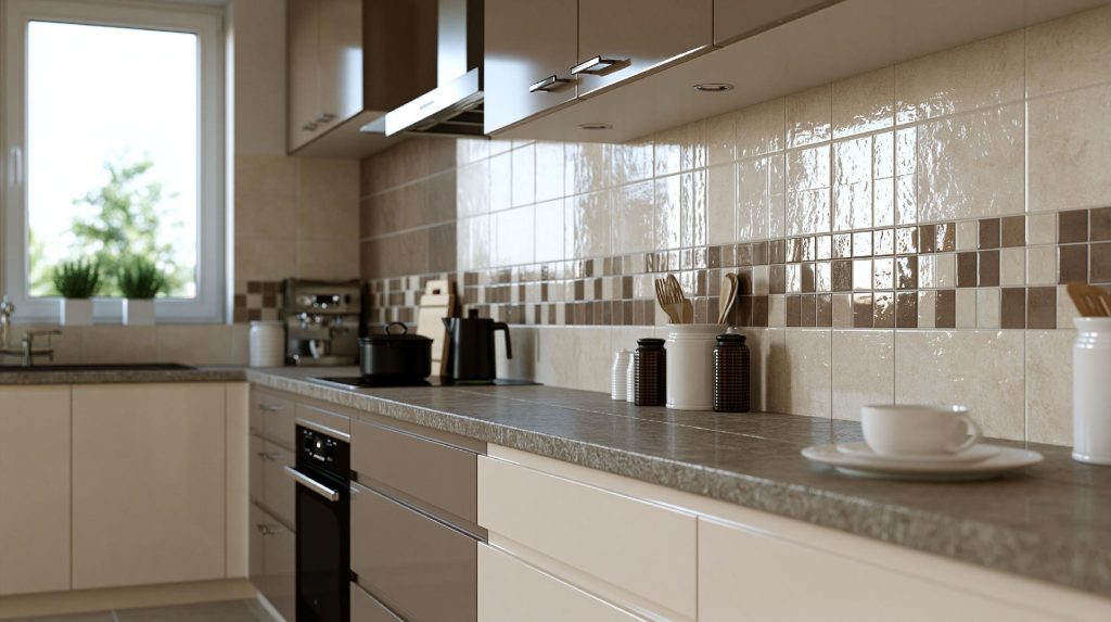 Beige mosaic kitchen backsplash tile design, kitchen wall