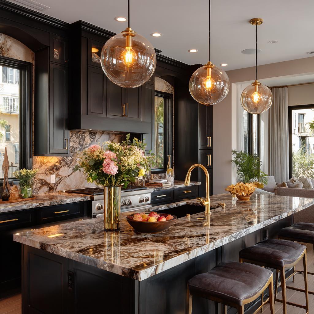 Amber glass globe kitchen island lighting, dark kitchen
