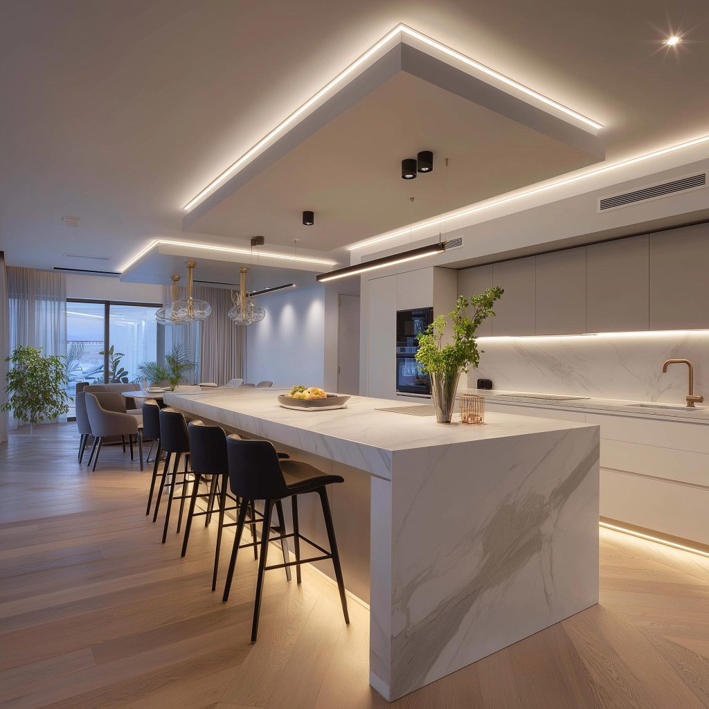  Layered kitchen island lighting with cove and pendants