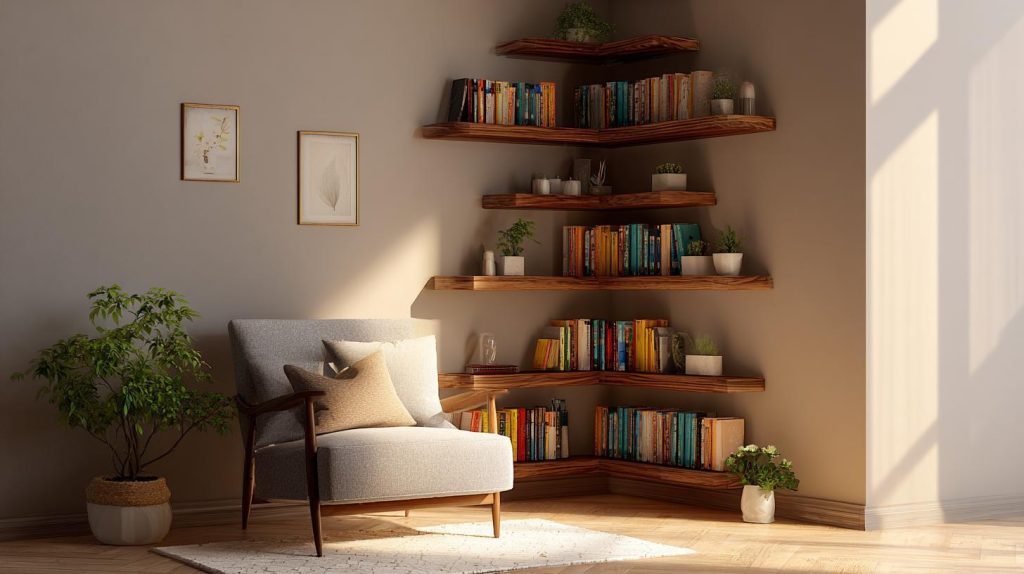 Corner bookshelf wooden floating shelves living room
