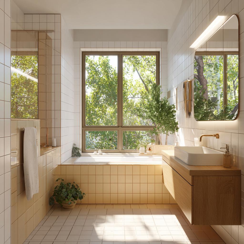  L-shaped bathroom yellow tile bathtub natural light