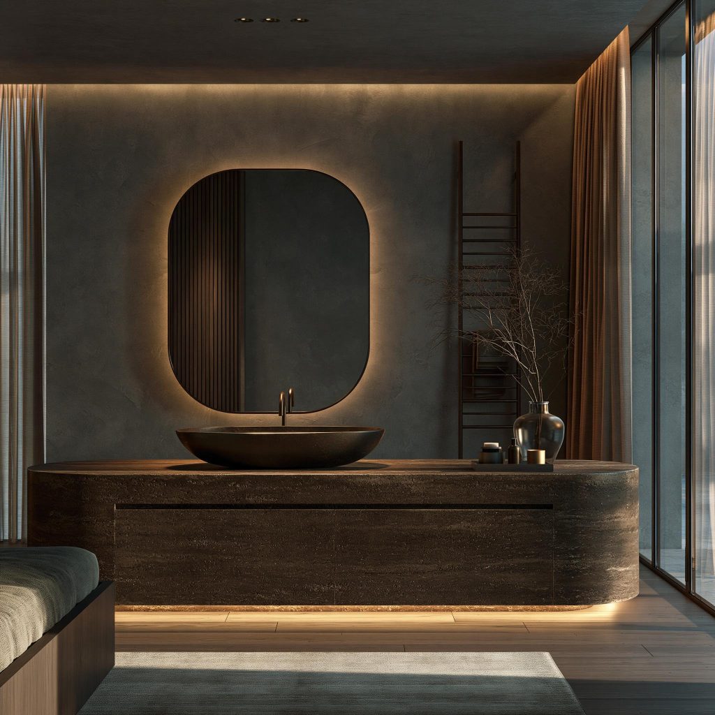 Luxury bathroom sink design floating cabinet backlit mirror