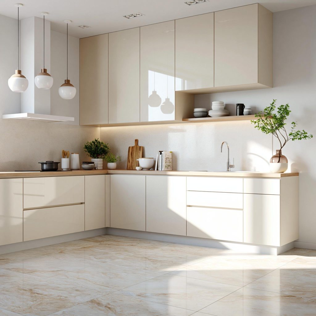 Cream beige L-shaped kitchen furniture colour design