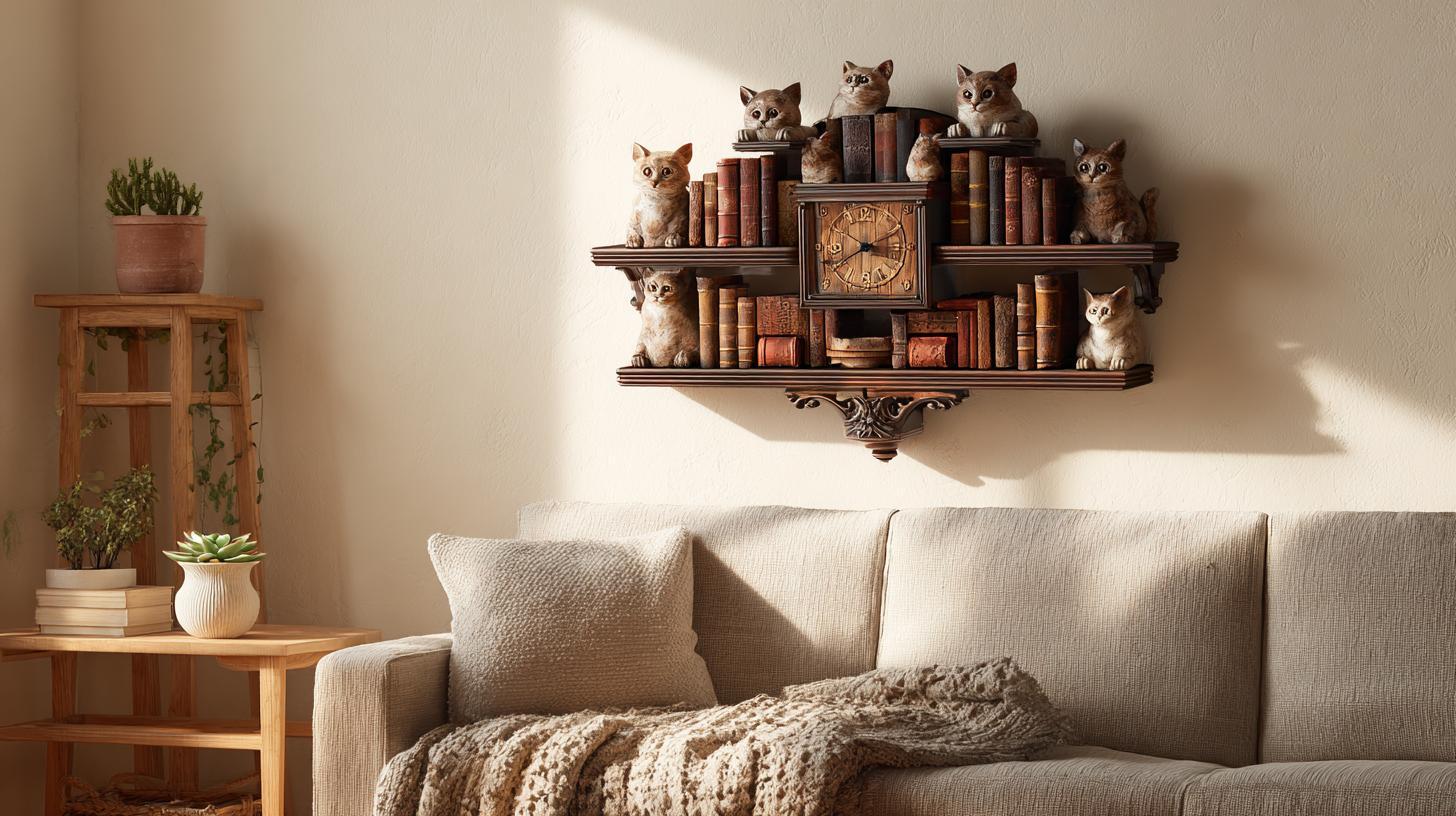 Decorative wall-mounted living room shelf with collectibles