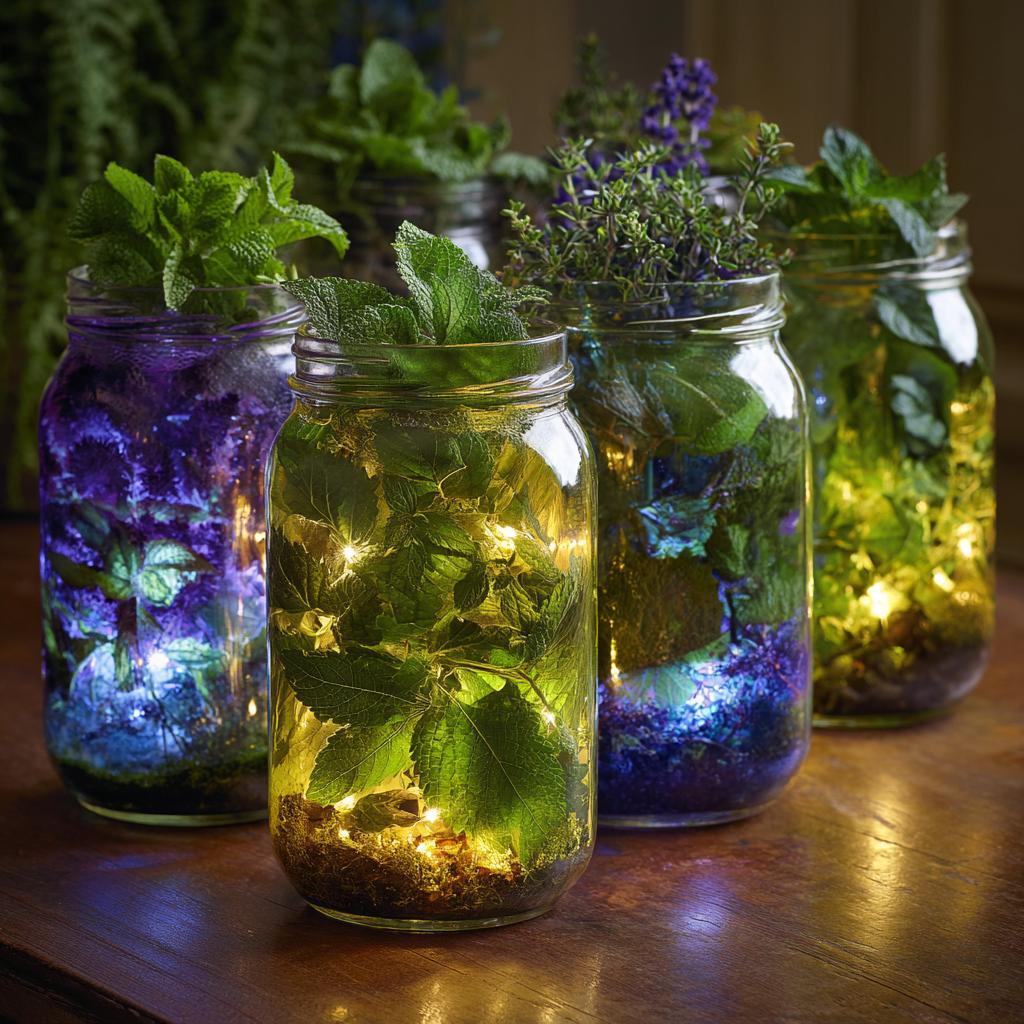 DIY kitchen decor, mason jars with herbs and lights