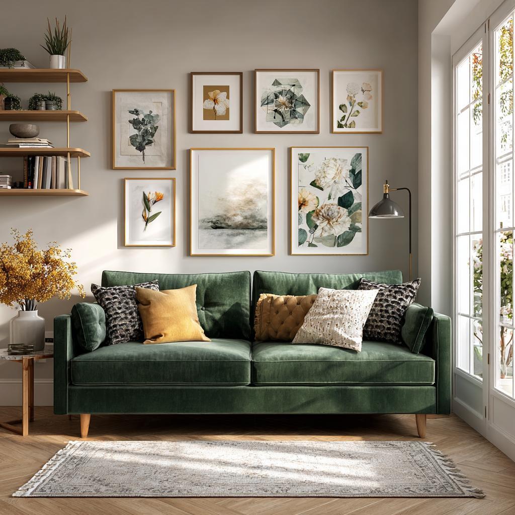 Green sofa living room gallery wall neutral decor